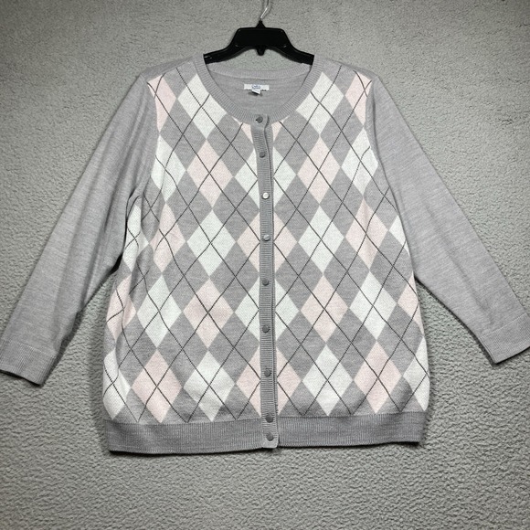 Croft & Barrow Sweater Womens Plus 1X Gray Pink Argyle Button Up Cardigan Preppy - Picture 1 of 8